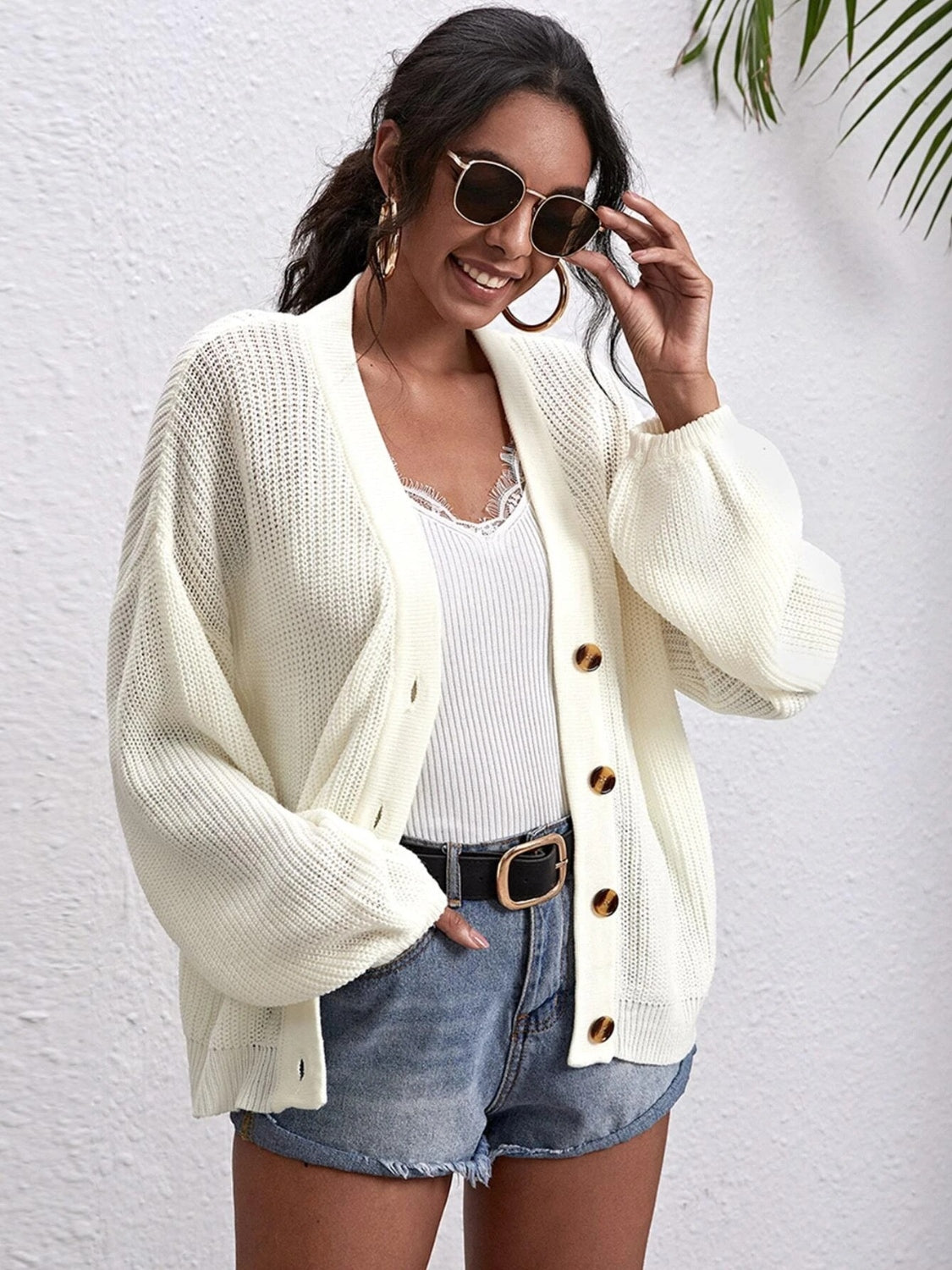 Button Down Dropped Shoulder Cardigan