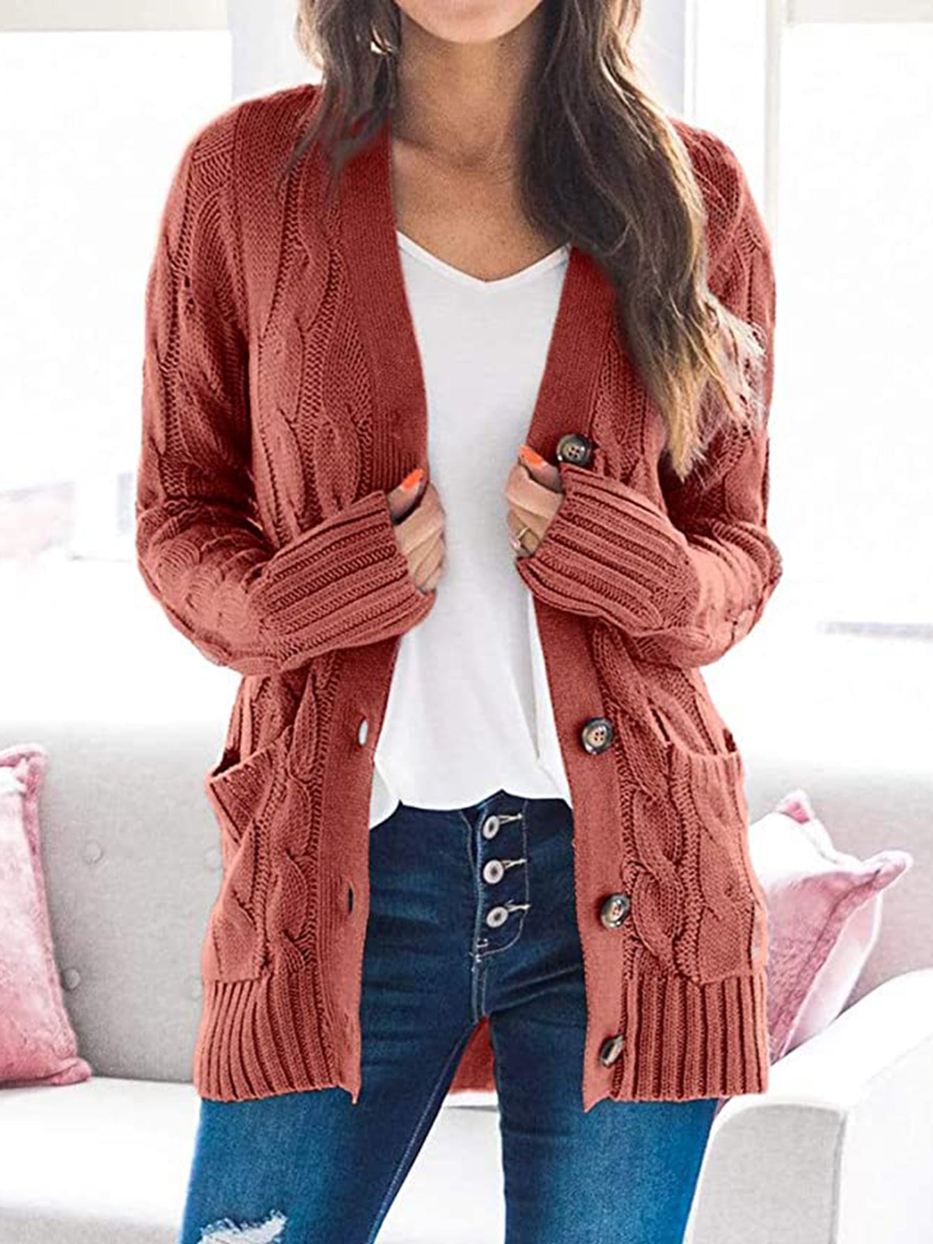 Cable-Knit Buttoned Cardigan with Pockets – KL THREADZ Cable-Knit Buttoned Cardigan with Pockets – KL THREADZ