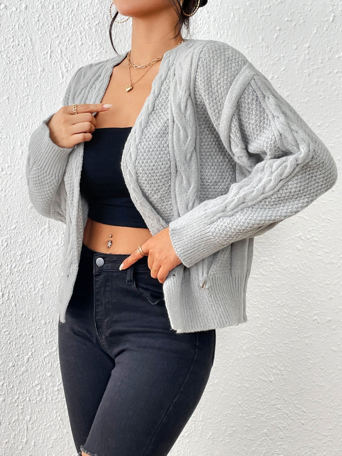 Cable-Knit Open Front Cardigan